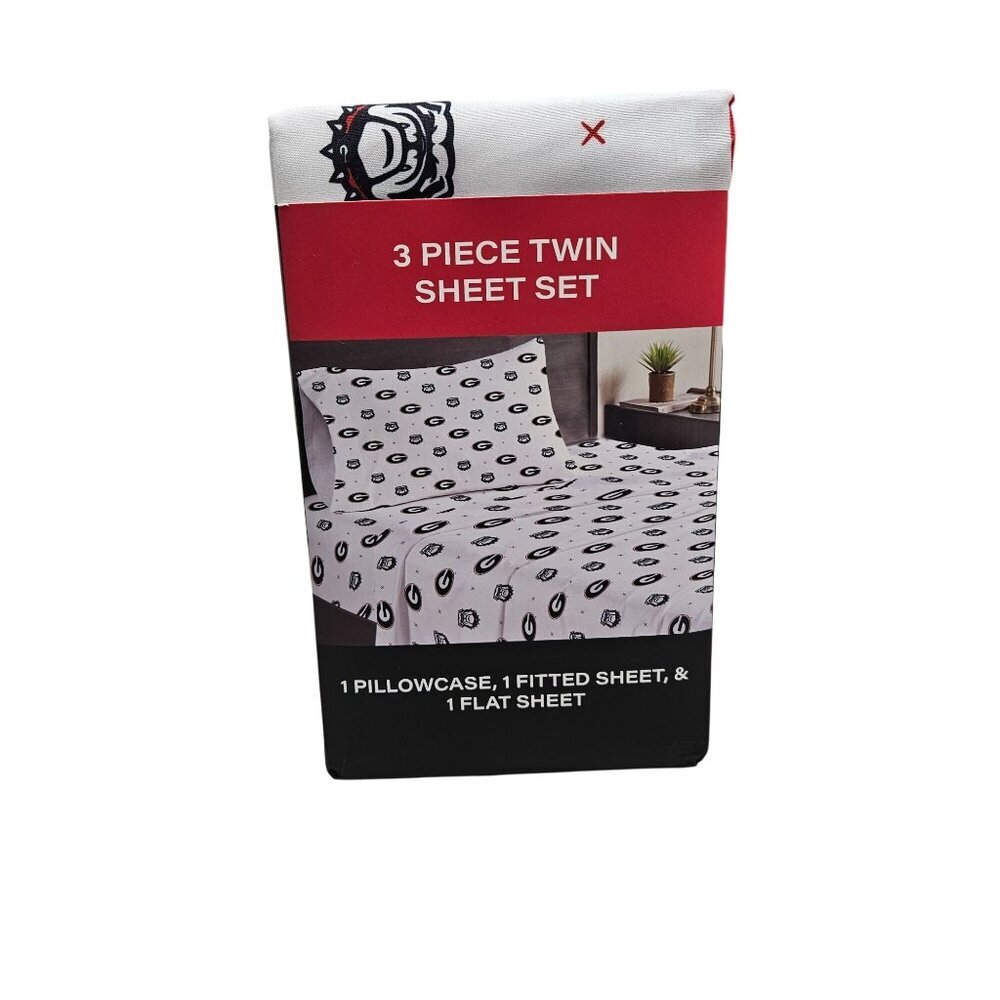 Georgia Bulldogs NIB 3 Piece Twin Sheet Set‎ 1 Pillowcase 1 Fitted1 Flat Sheet